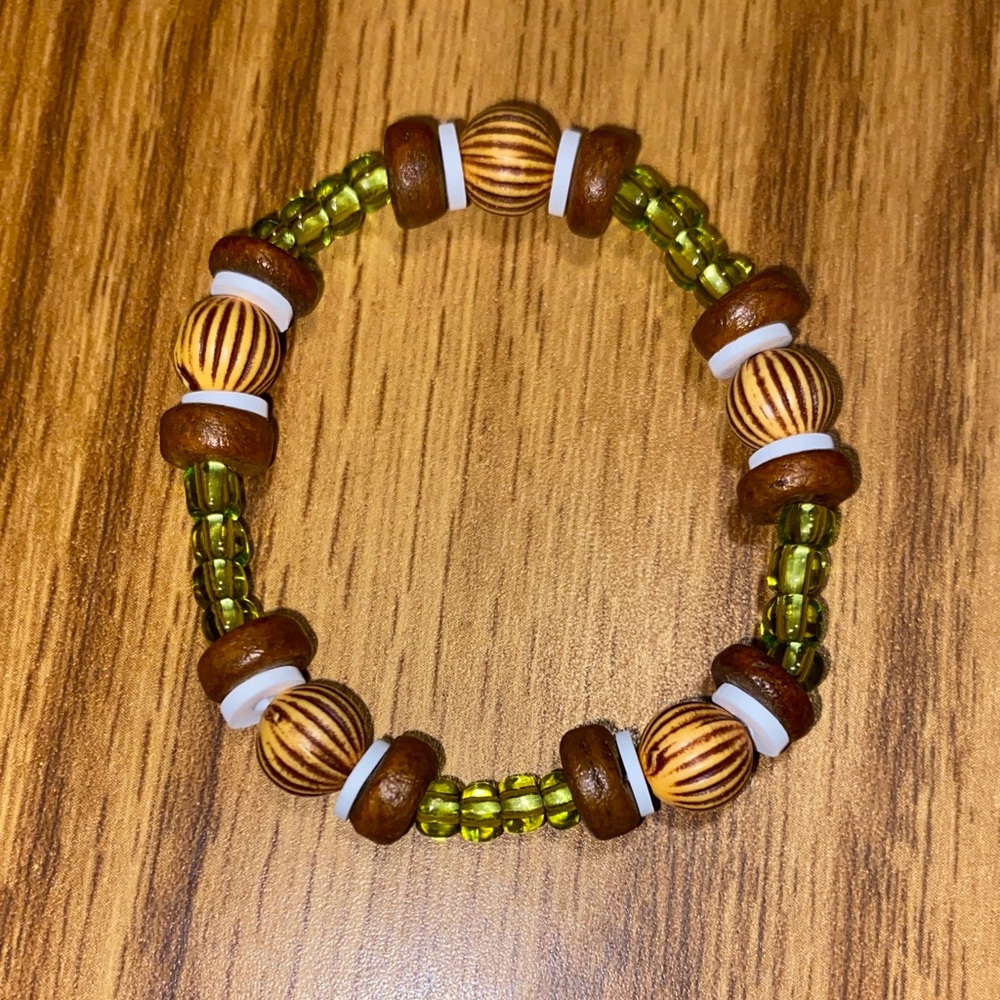 Handmade Wooden & Green Bead Bracelet